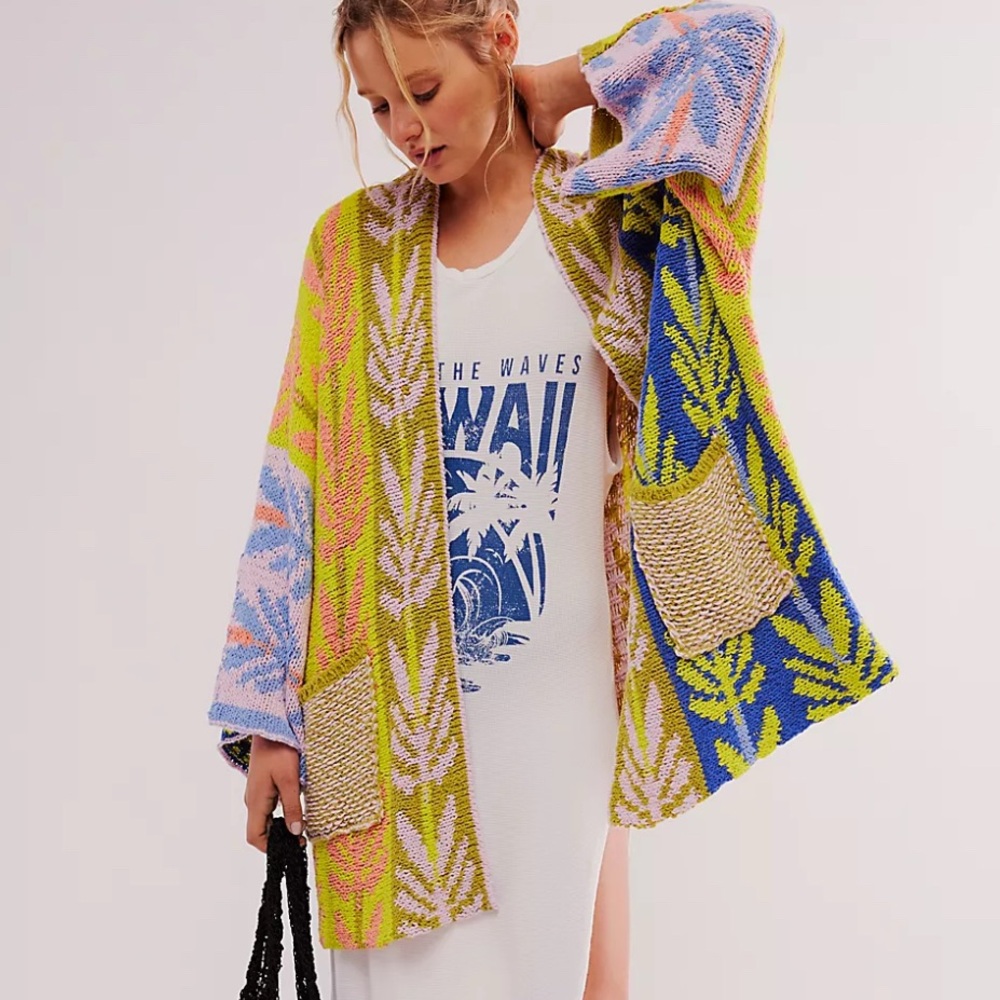 Free People Colorblock Knit Cardigan in Lime, Blue, Pink